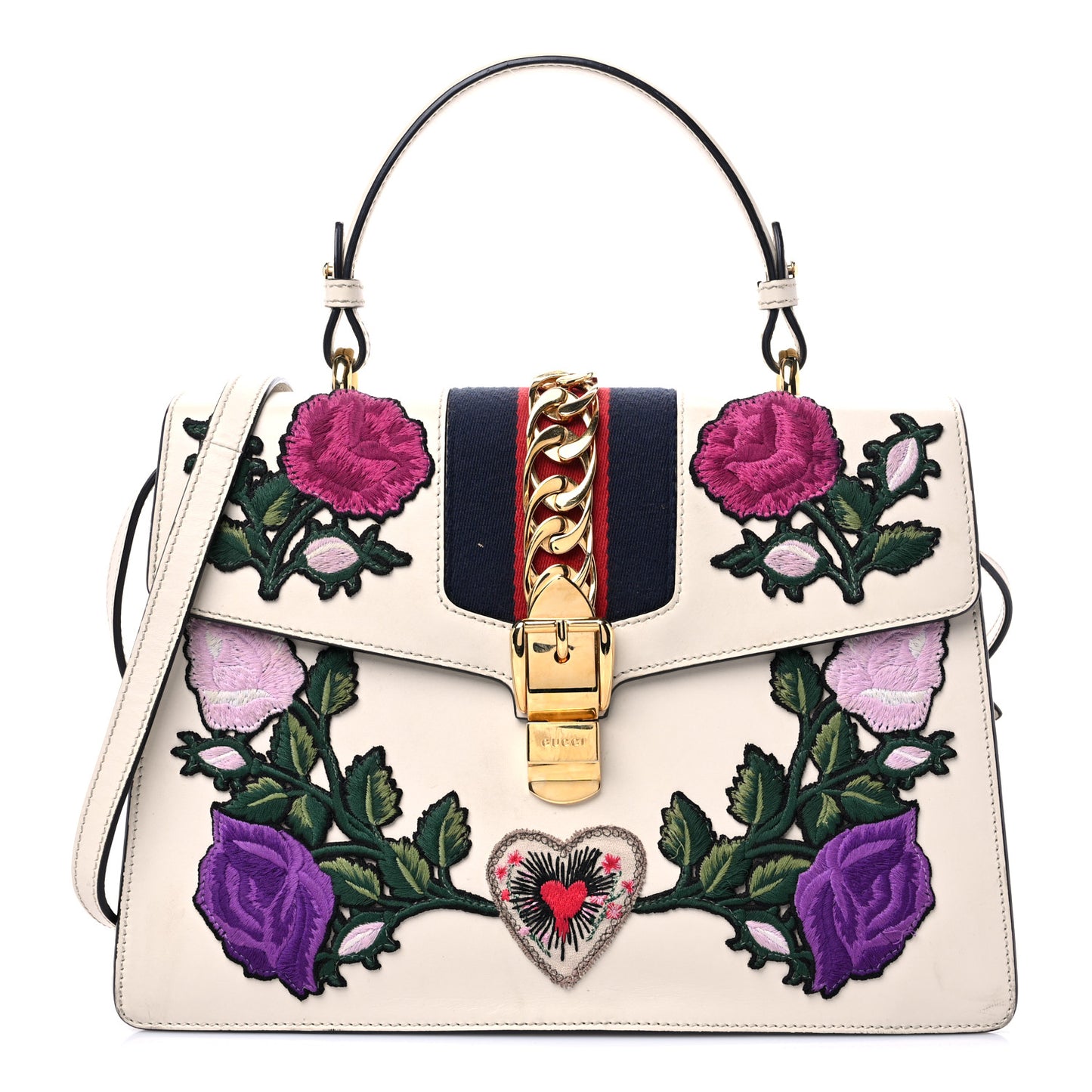 Calfskin Embroidered Medium Sylvie Top Handle Bag White