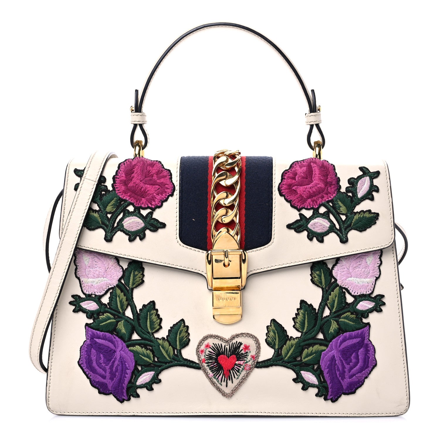 Gucci Calfskin Embroidered Medium Sylvie Top Handle Bag White 1 of 24