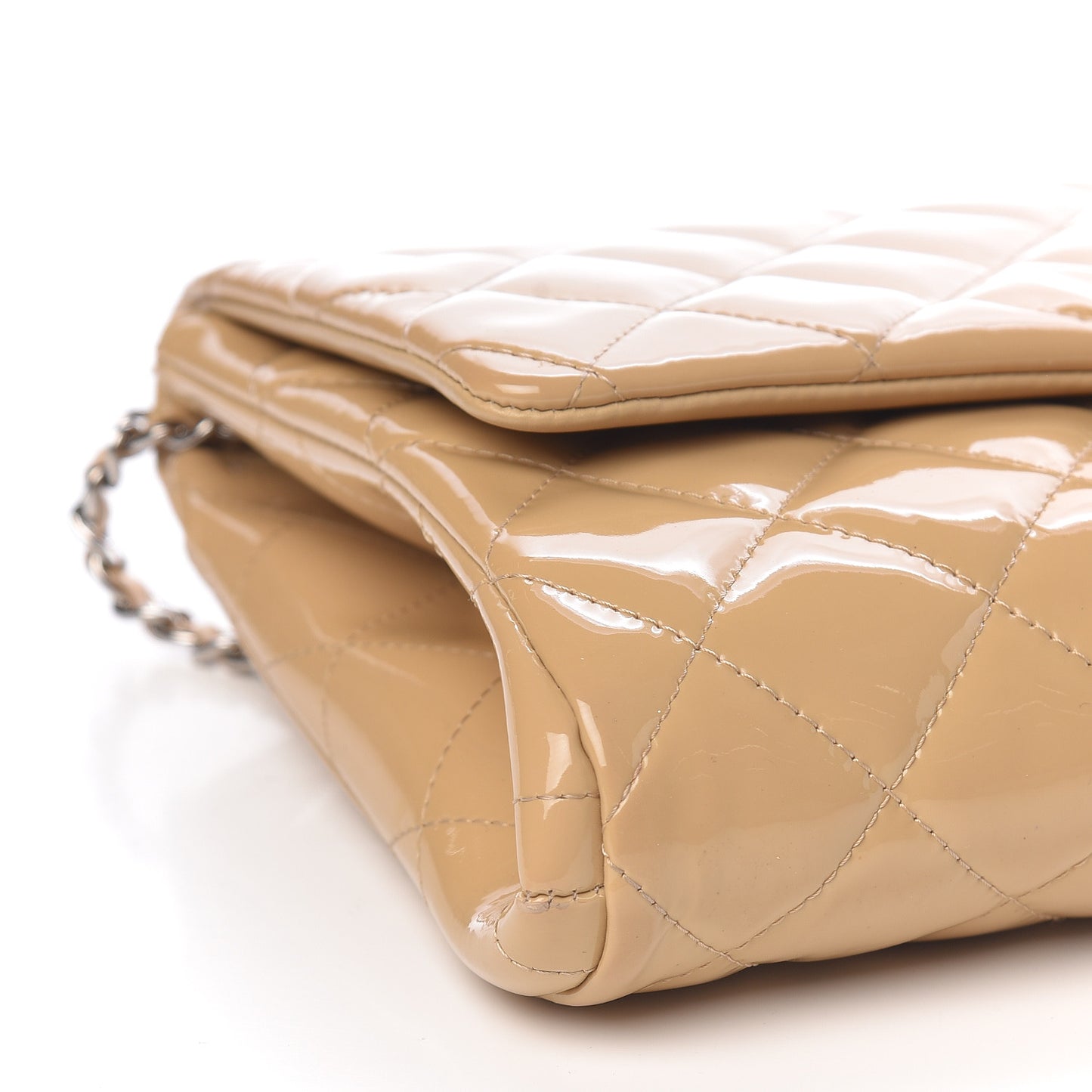 Patent Quilted Clutch with Chain Flap Beige