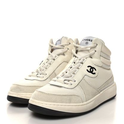 Chanel Suede Fabric Grained Calfskin Womens CC High Top Sneakers 37 White 3 of 11