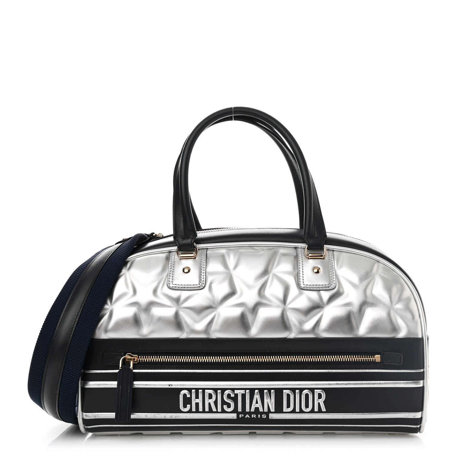 Christian Dior Padded Etoile Calfskin Embossed Medium Dior Vibe Zip Bowling Bag Silver Black 1 of 17