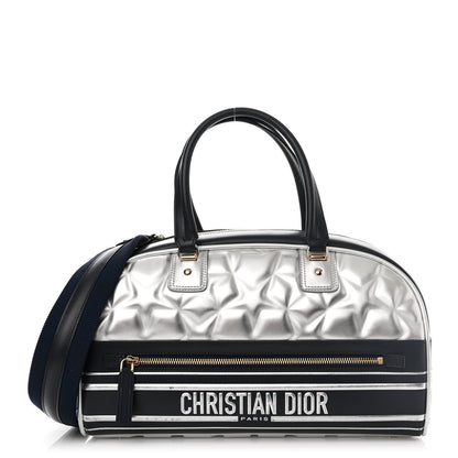 Christian Dior Padded Etoile Calfskin Embossed Medium Dior Vibe Zip Bowling Bag Silver Black 1 of 17
