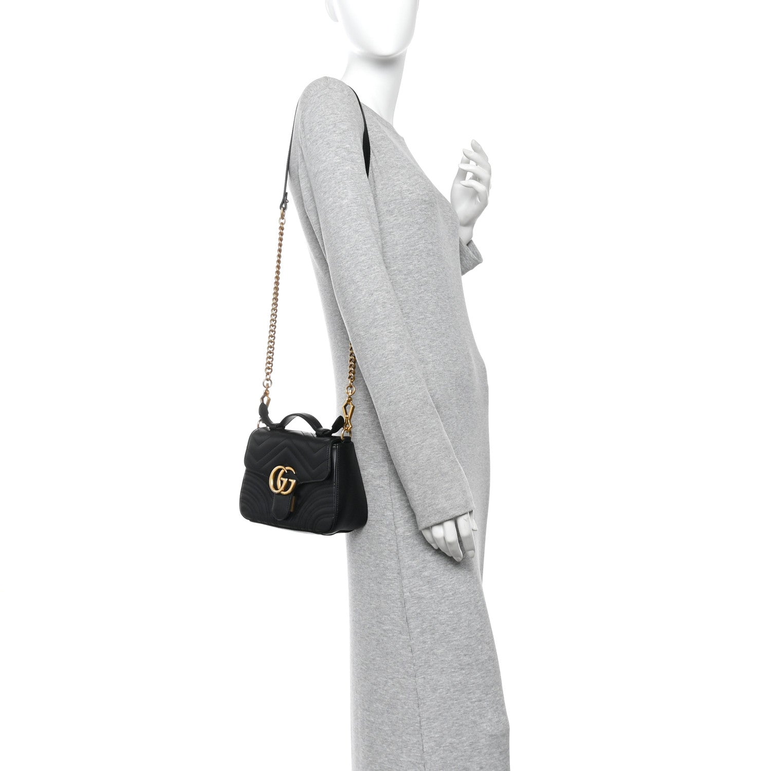 Gucci Calfskin Matelasse Mini GG Marmont Top Handle Shoulder Bag Black 2 of 11