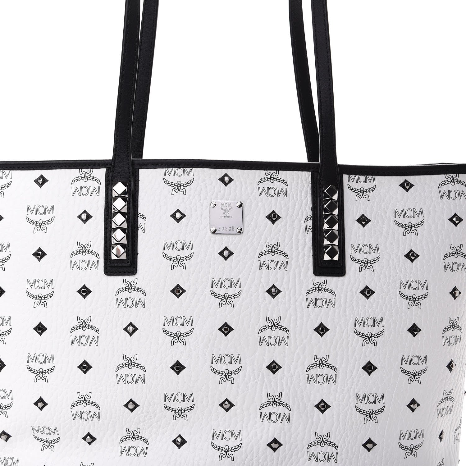 MCM Visetos Studded Medium Anya Zip Top Shopper Tote White 8 of 10