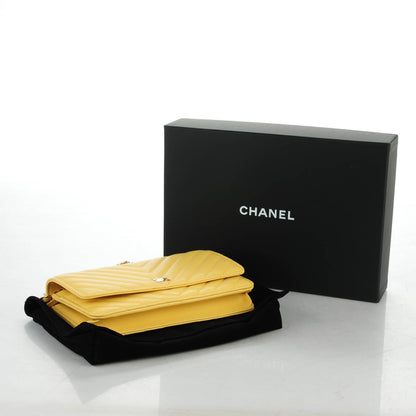 Chanel Lambskin Chevron Quilted Wallet On Chain WOC Yellow 4 of 8
