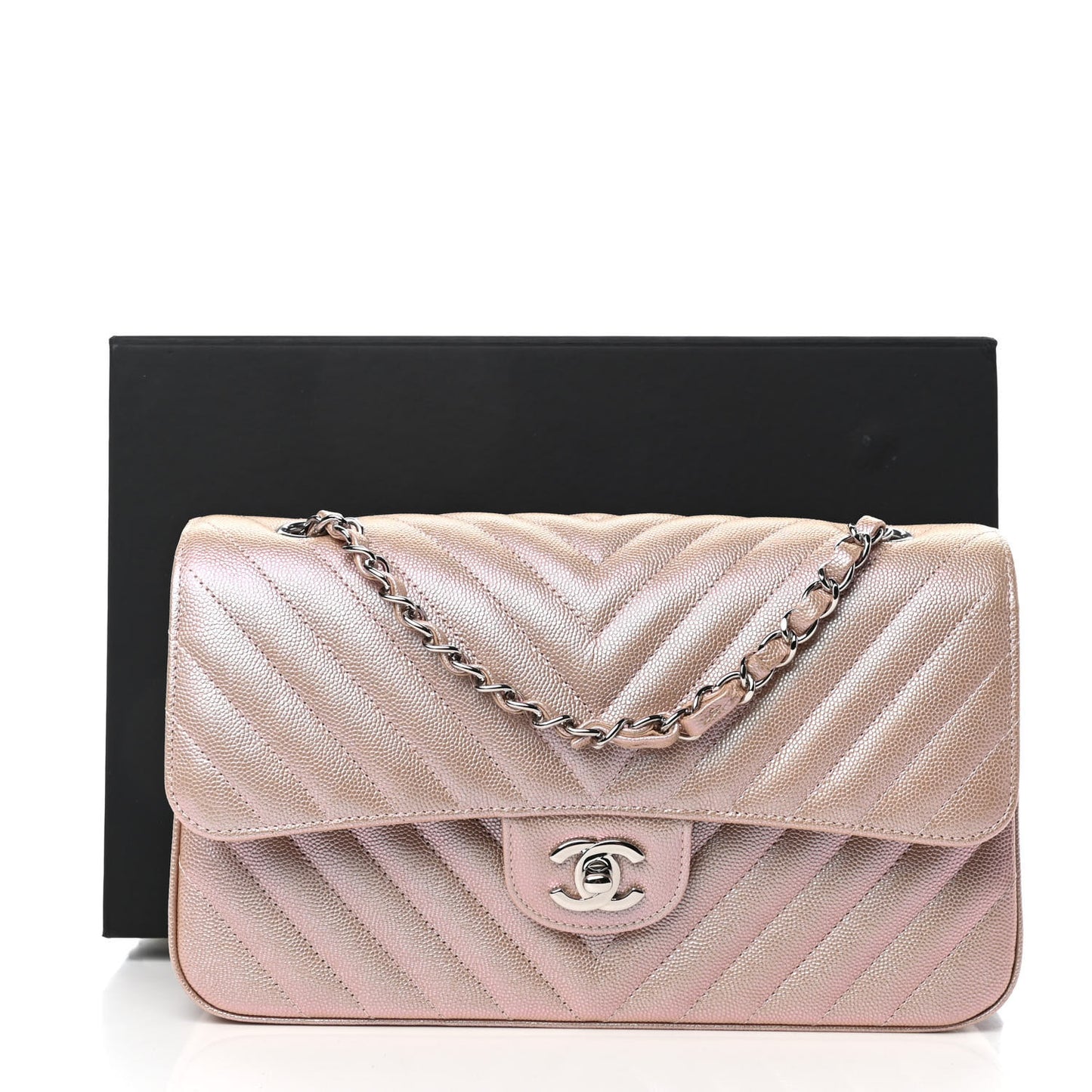 Metallic Caviar Chevron Quilted Medium Double Flap Light Gold