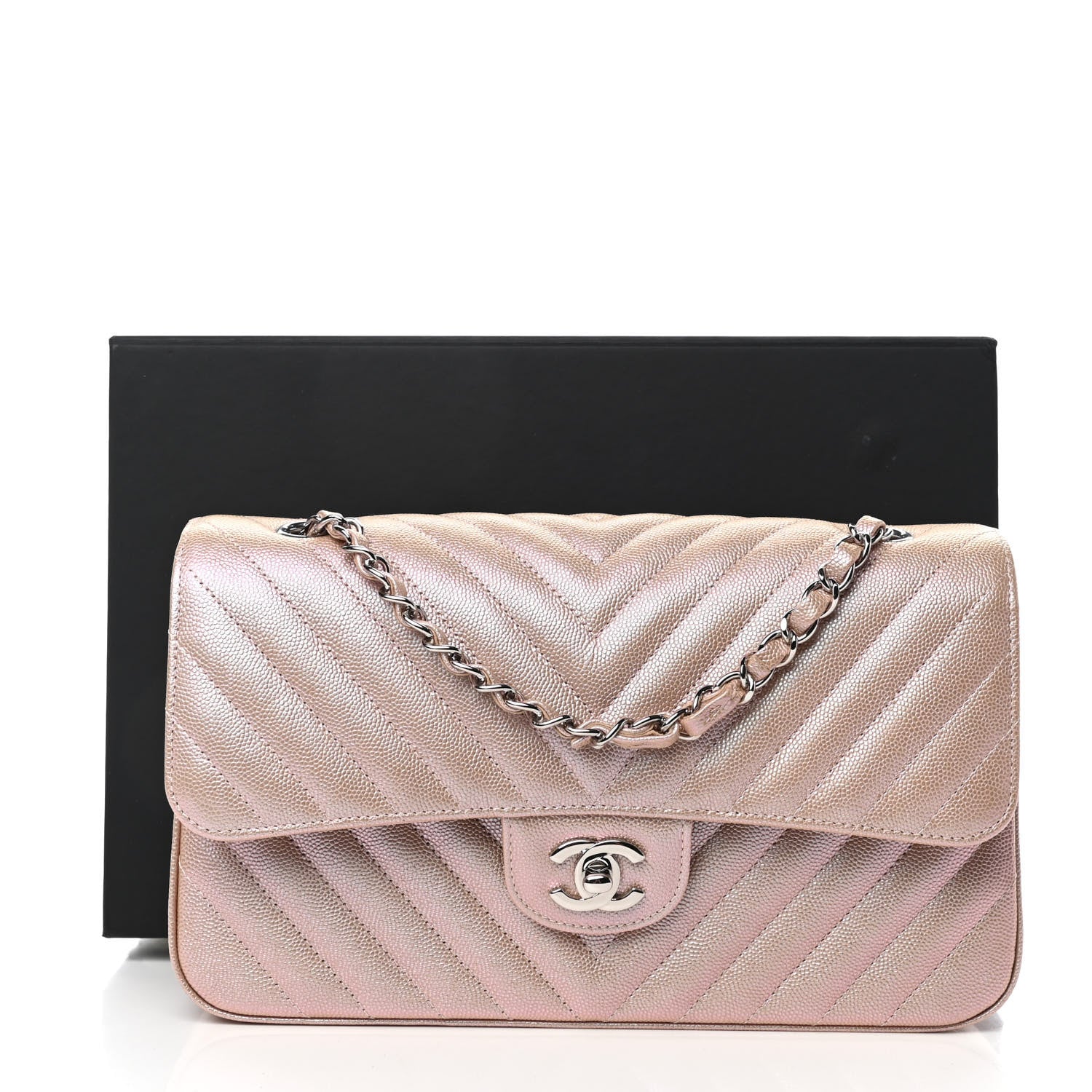 Chanel Metallic Caviar Chevron Quilted Medium Double Flap Light Gold 10 of 10