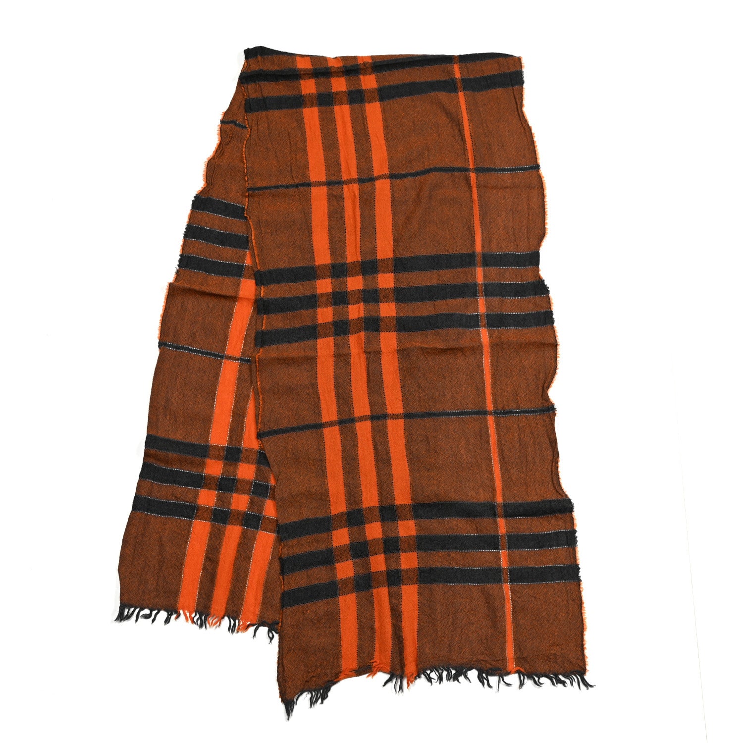 Burberry Wool Cashmere Check Fringe Scarf Orange Black 2 of 5