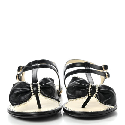 Chanel Lambskin Pearl Bow Thong Sandals 36.5 Black 2 of 9