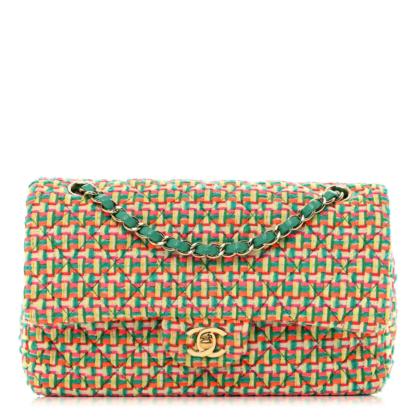 Tweed Quilted Medium Double Flap Green Multicolor