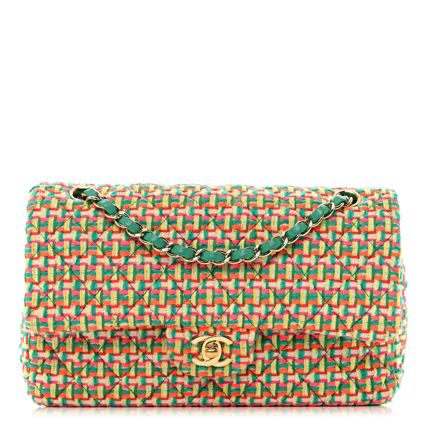 Chanel Tweed Quilted Medium Double Flap Green Multicolor 1 of 9