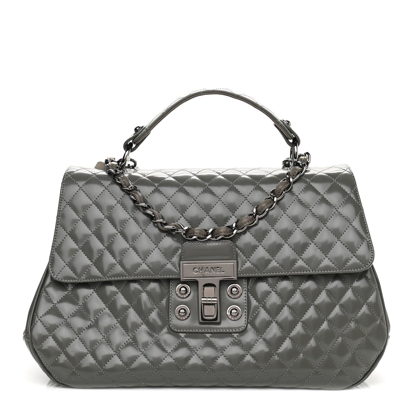 Glazed Calfskin Mademoiselle Lock Kelly Flap Bag Grey