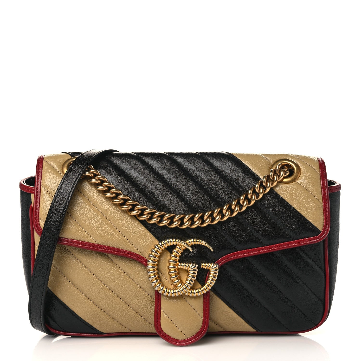 Gucci Vintage Effect Calfskin Matelasse Diagonal Striped Small Torchon GG Marmont Shoulder Bag Black Beige 1 of 9