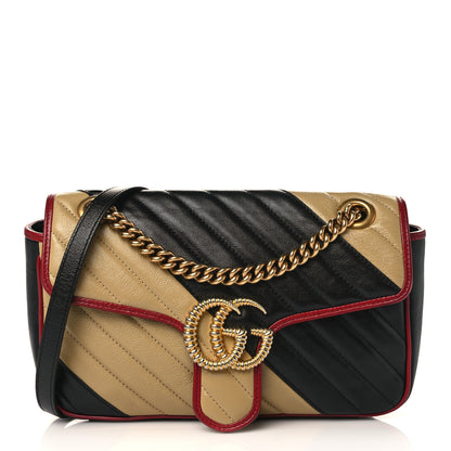 Gucci Vintage Effect Calfskin Matelasse Diagonal Striped Small Torchon GG Marmont Shoulder Bag Black Beige 1 of 9
