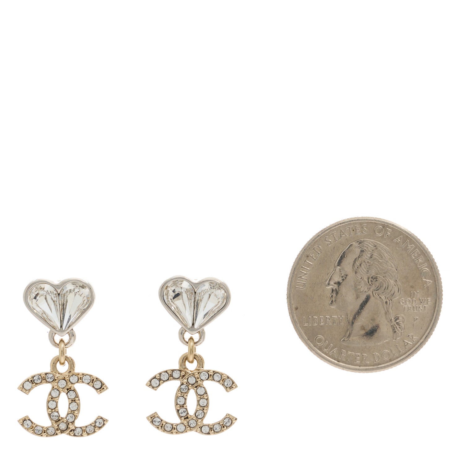 Chanel Crystal CC Heart Drop Earrings Gold Silver 2 of 5