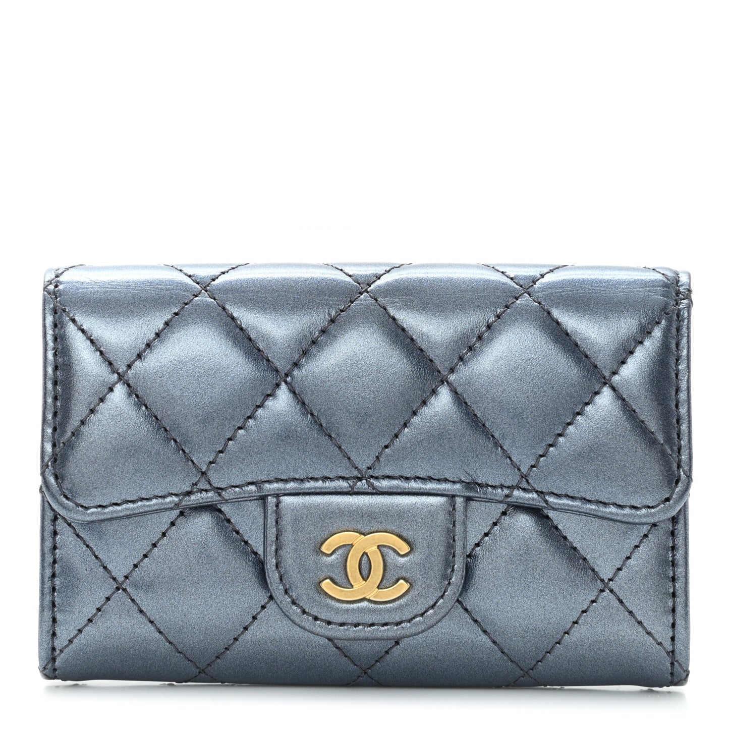 Metallic Lambskin Quilted Flap Card Holder Wallet Dark Blue