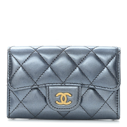 Chanel Metallic Lambskin Quilted Flap Card Holder Wallet Dark Blue 1 of 11