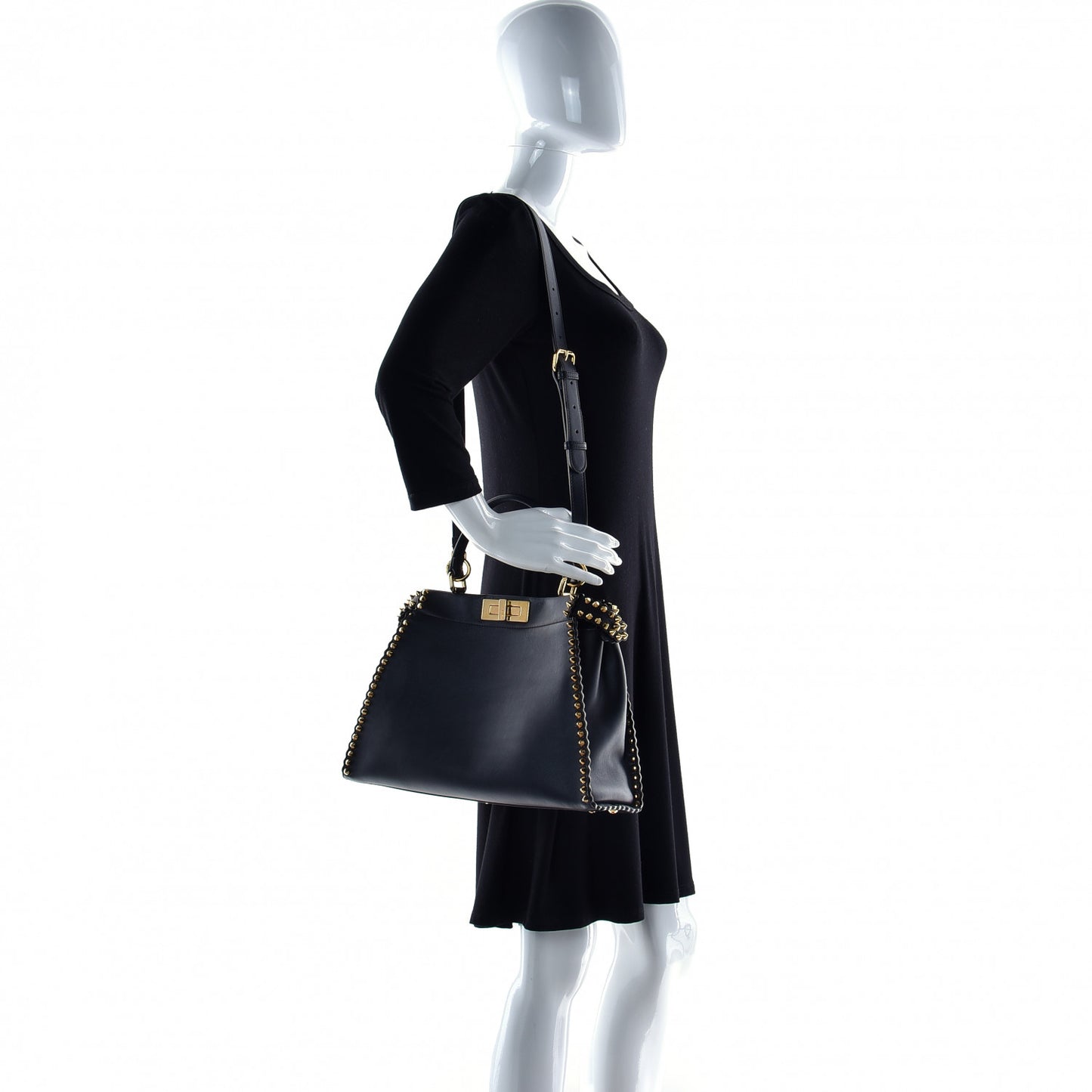 Vitello Seta Shiny Nappa Scalloped Studded Medium Peekaboo Iconic Satchel Black