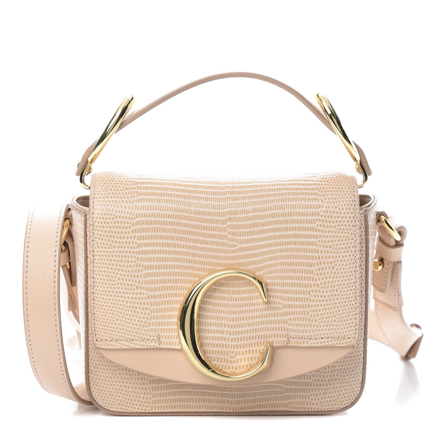 Calfskin Lizard Embossed Mini C Double Carry Biscotti Beige