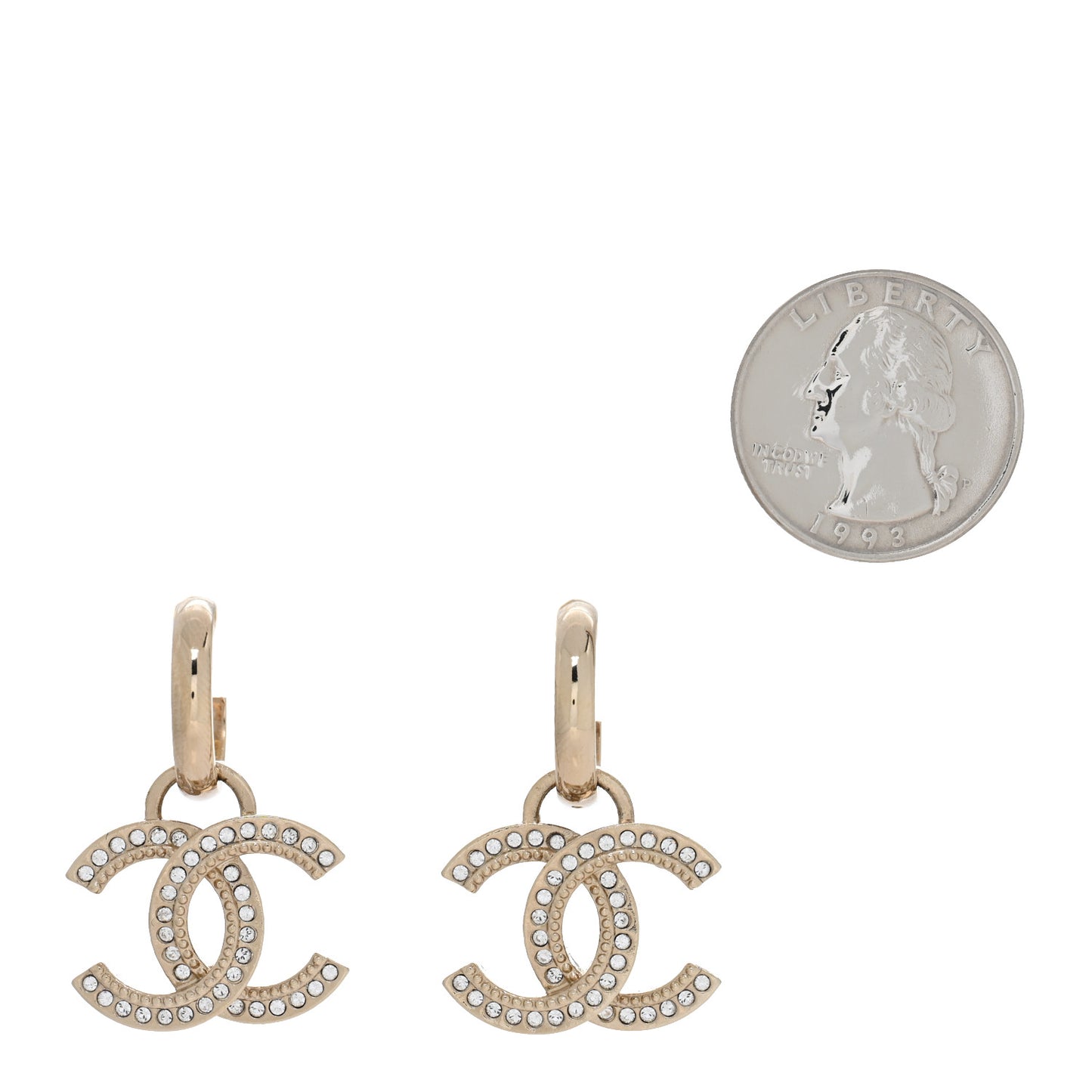 Metal Crystal Studded CC Hoop Drop Earrings Gold