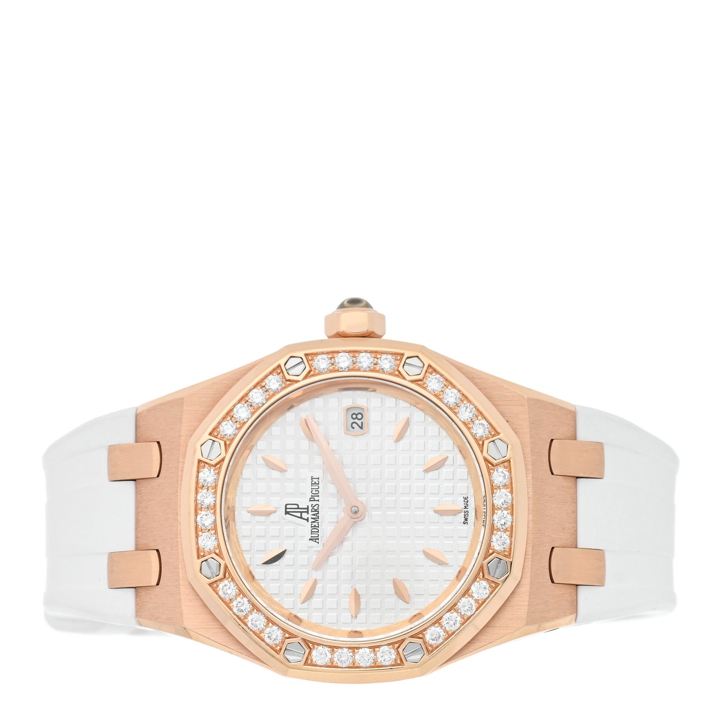 18K Rose Gold Rubber Diamond 33mm Royal Oak Quartz Watch White 67621OR.ZZ.D010CA.01