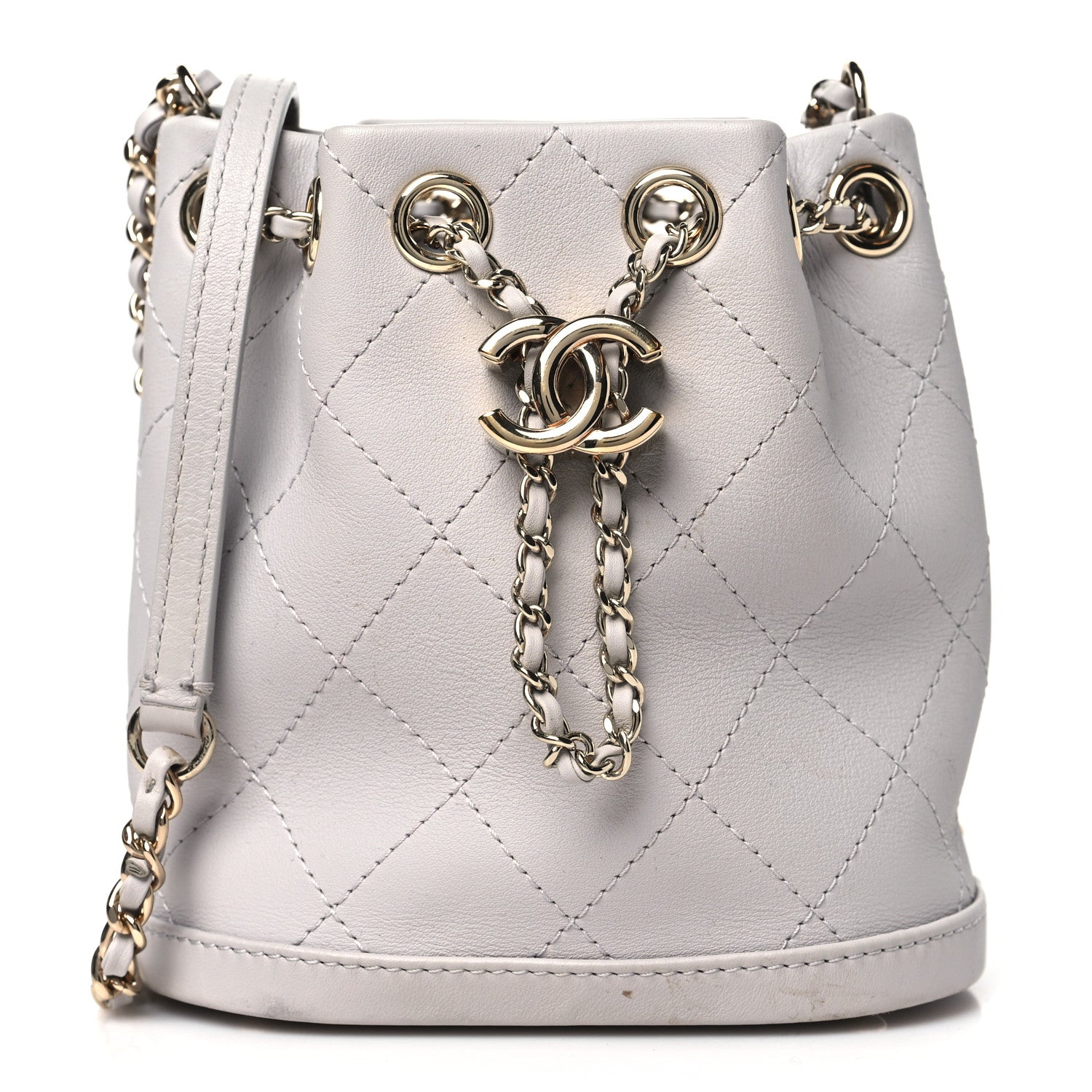 Chanel Calfskin Stitched Chain Bucket Bag Light Grey 1 of 12