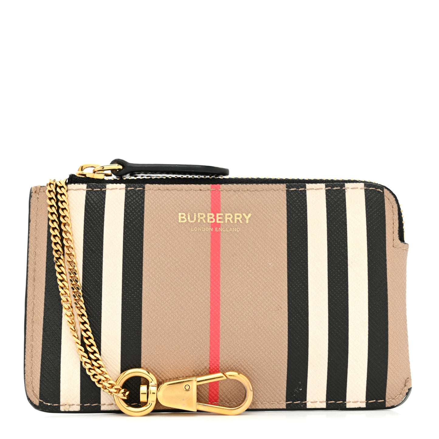 E-Canvas Calfskin Icon Stripe Zip Coin Case Archive Beige