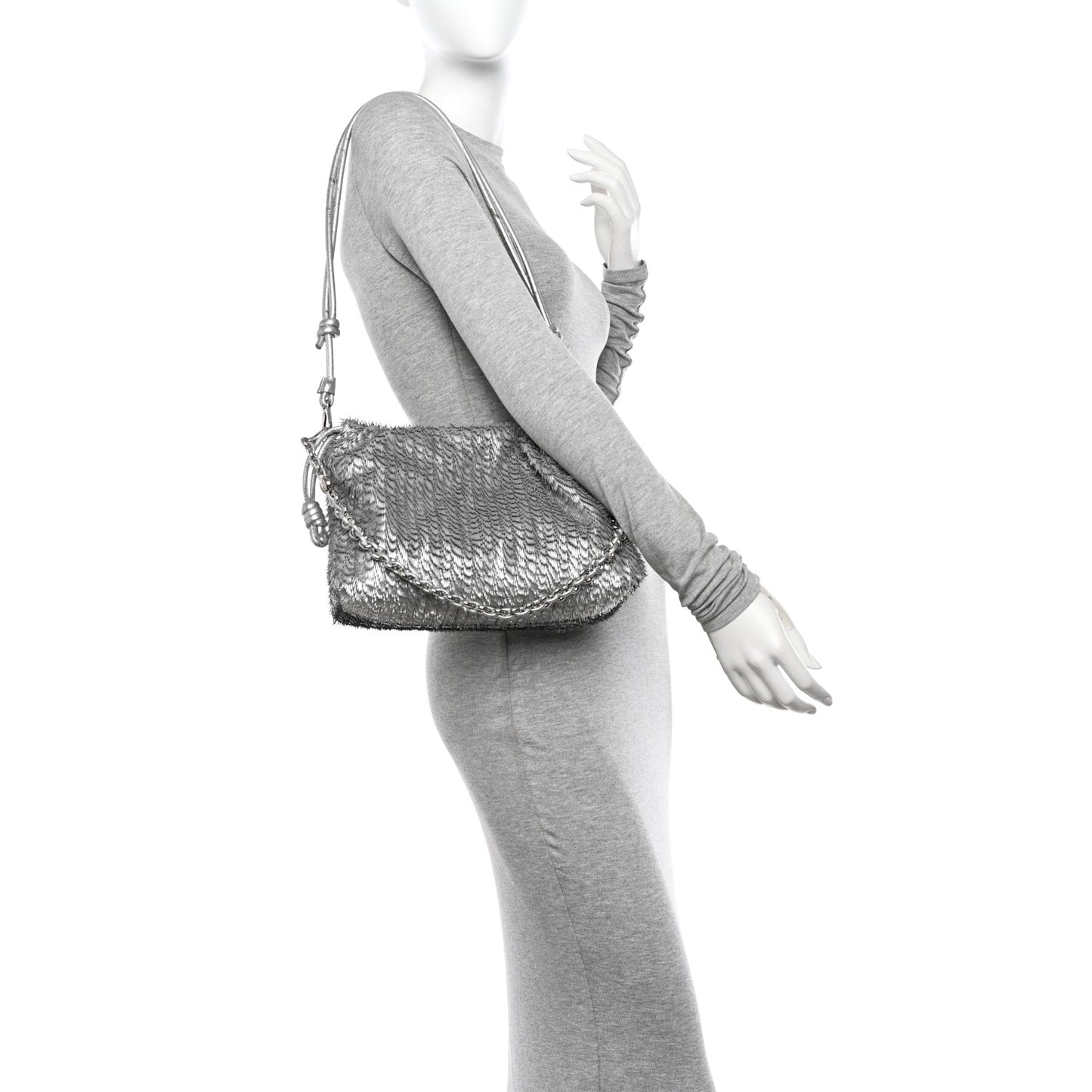 Metallic Nappa Calfskin Fringed Medium Chain Flamenco Knot Purse Silver
