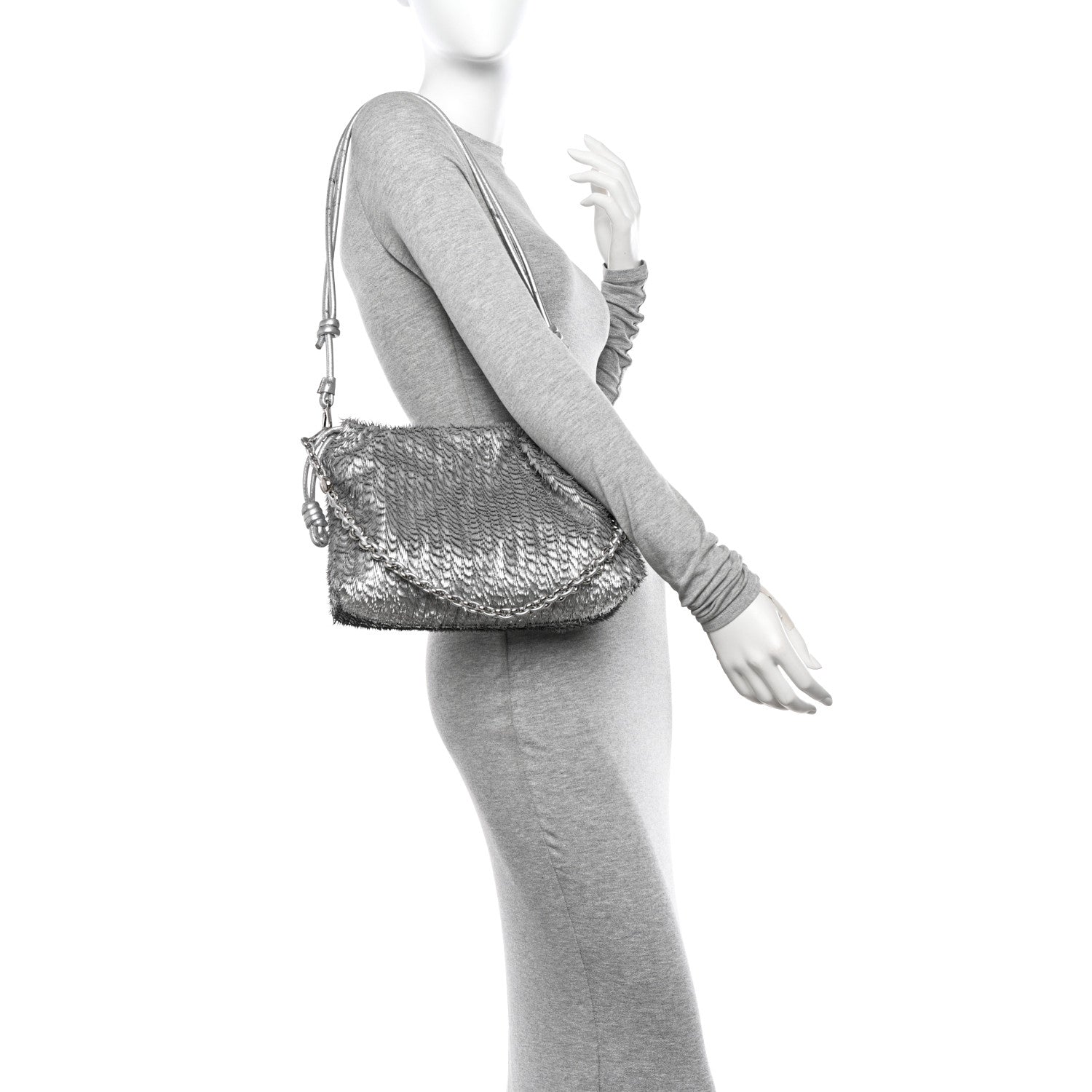 Loewe Metallic Nappa Calfskin Fringed Medium Chain Flamenco Knot Purse Silver 2 of 12