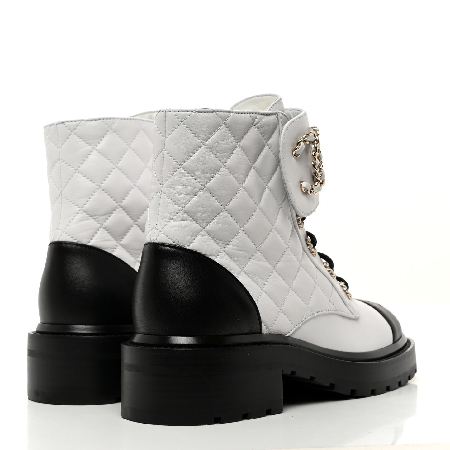 Shiny Goatskin Calfskin Quilted Lace Up Combat Boots 37 Black White