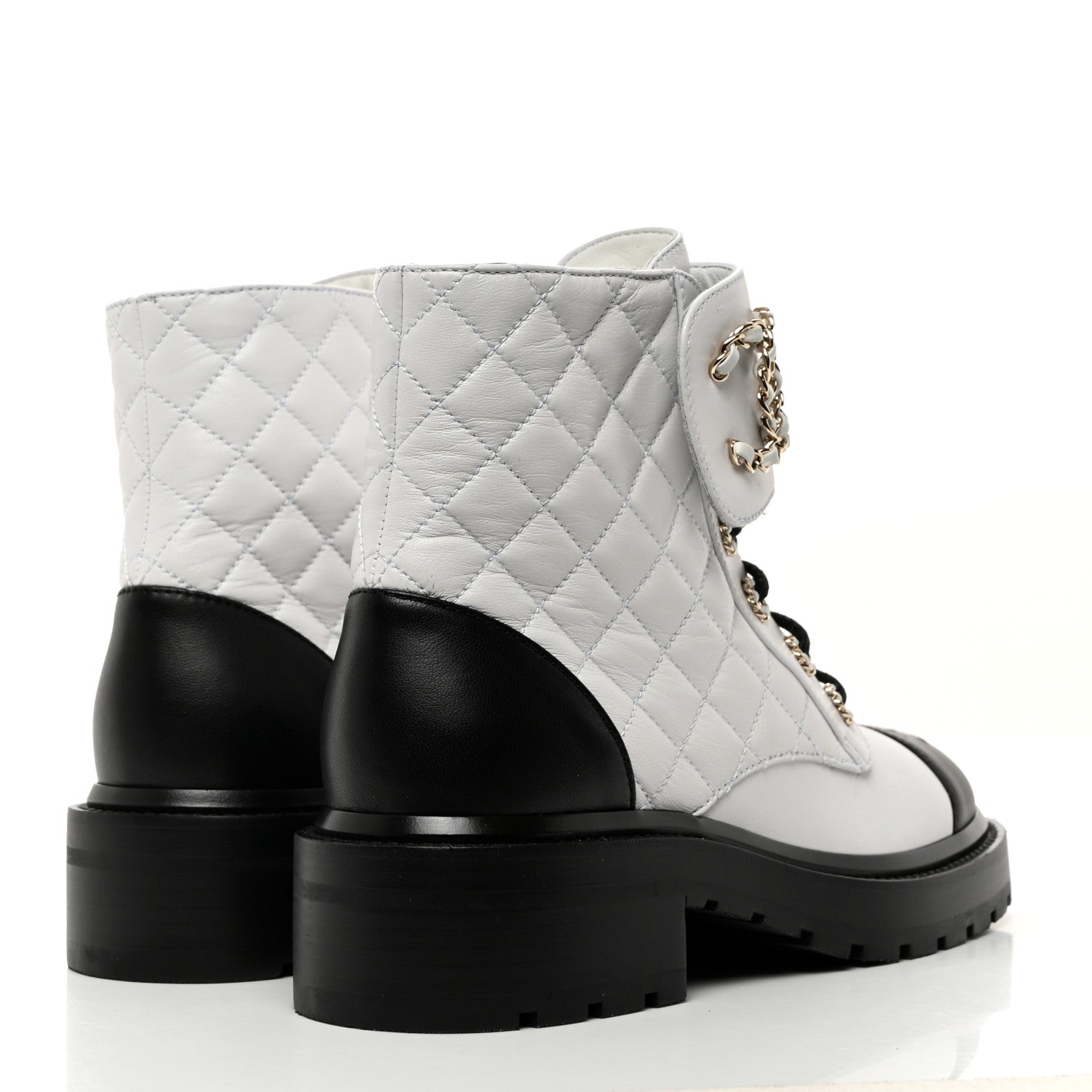 Chanel Shiny Goatskin Calfskin Quilted Lace Up Combat Boots 37 Black White 4 of 9