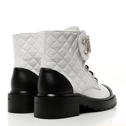 Chanel Shiny Goatskin Calfskin Quilted Lace Up Combat Boots 37 Black White 4 of 9