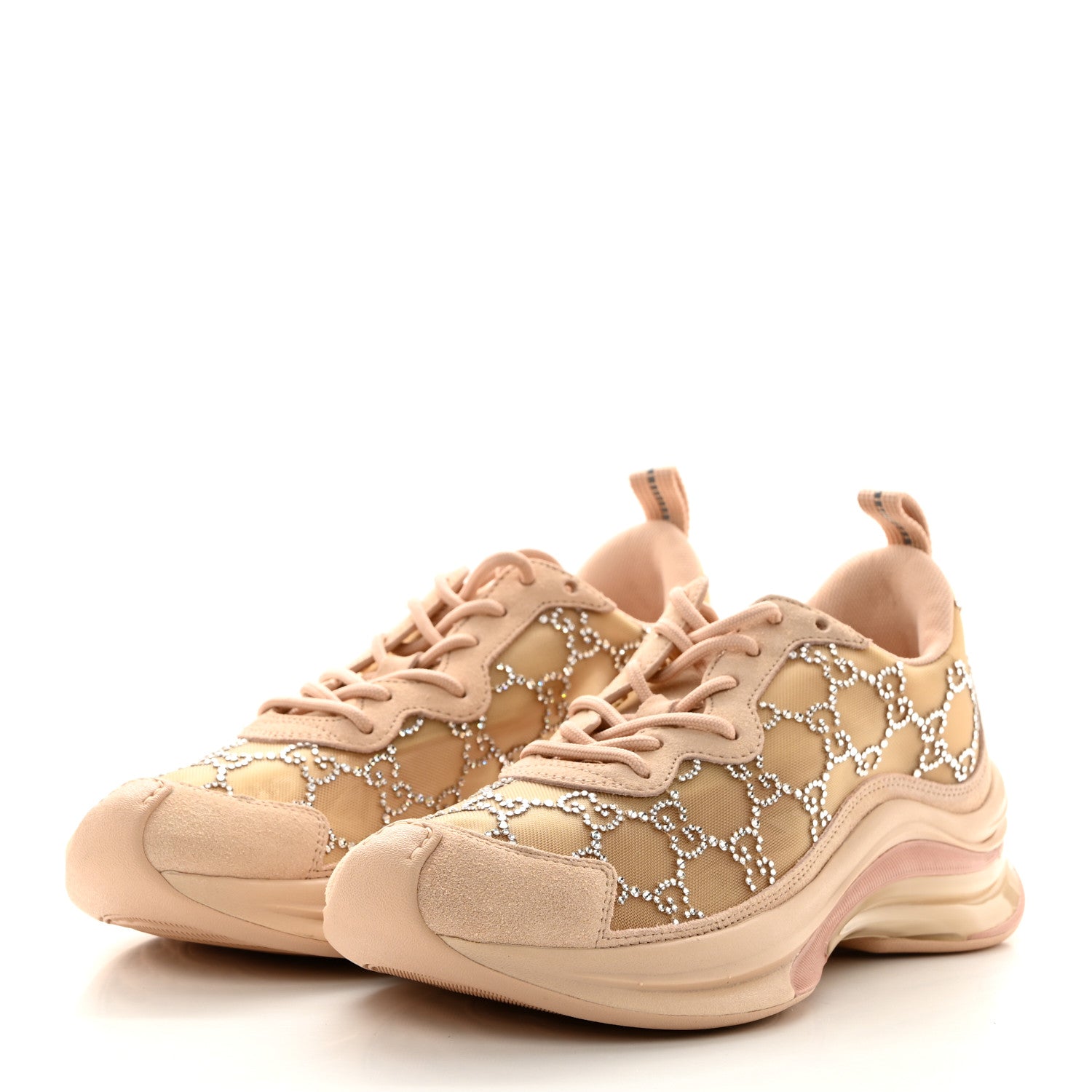 Gucci Tela Retino Mesh Crystal Suede GG Monogram Womens Gucci Run Sneakers 37 Light Powder Skin Rose Silver 3 of 8