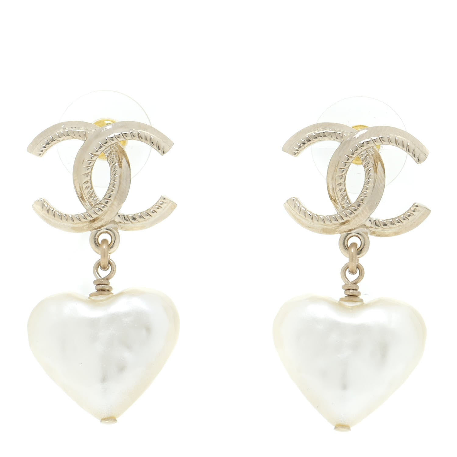 Chanel Pearl CC Heart Drop Earrings Gold 1 of 5