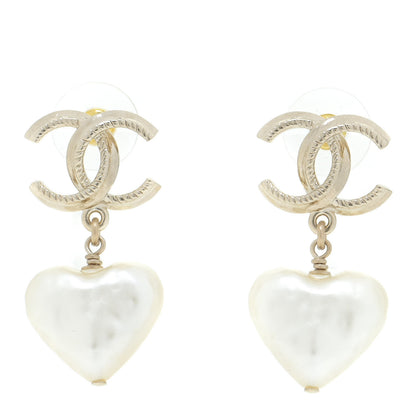 Chanel Pearl CC Heart Drop Earrings Gold 1 of 5
