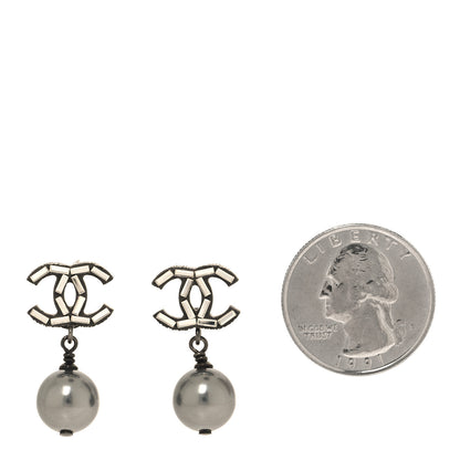 Chanel Ruthenium Pearl Crystal Baguette CC Drop Earrings Silver Grey 2 of 5