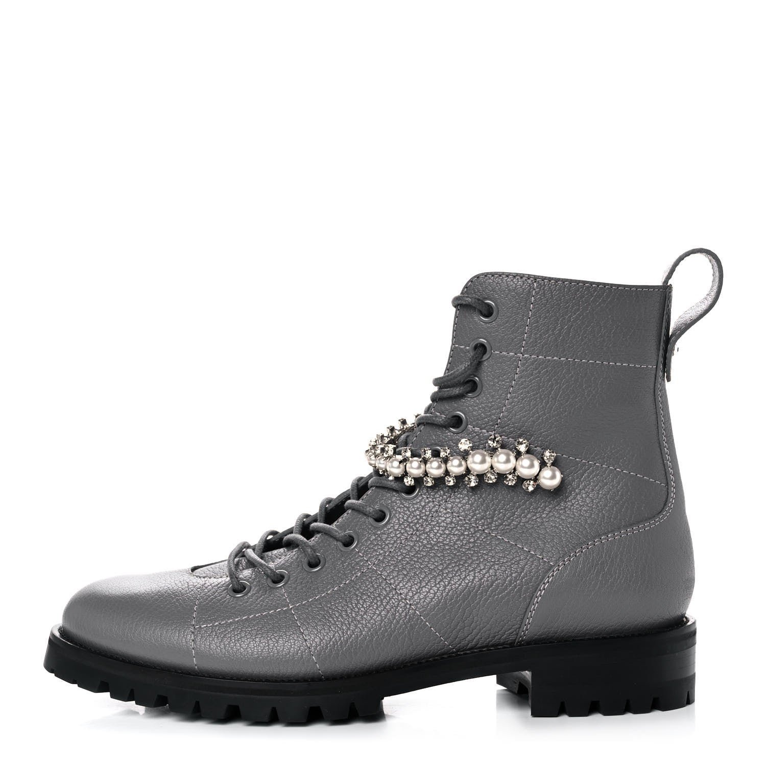 Jimmy Choo Grained Calfskin Crystal Embellished Cruz Combat Boots 38.5 Grey 1 of 8