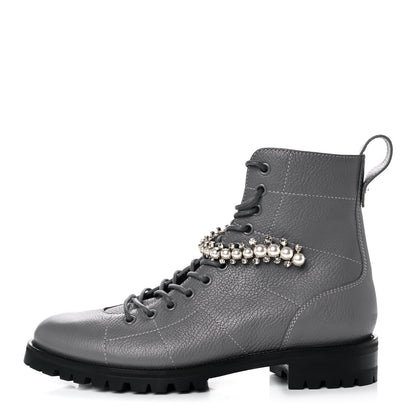 Jimmy Choo Grained Calfskin Crystal Embellished Cruz Combat Boots 38.5 Grey 1 of 8