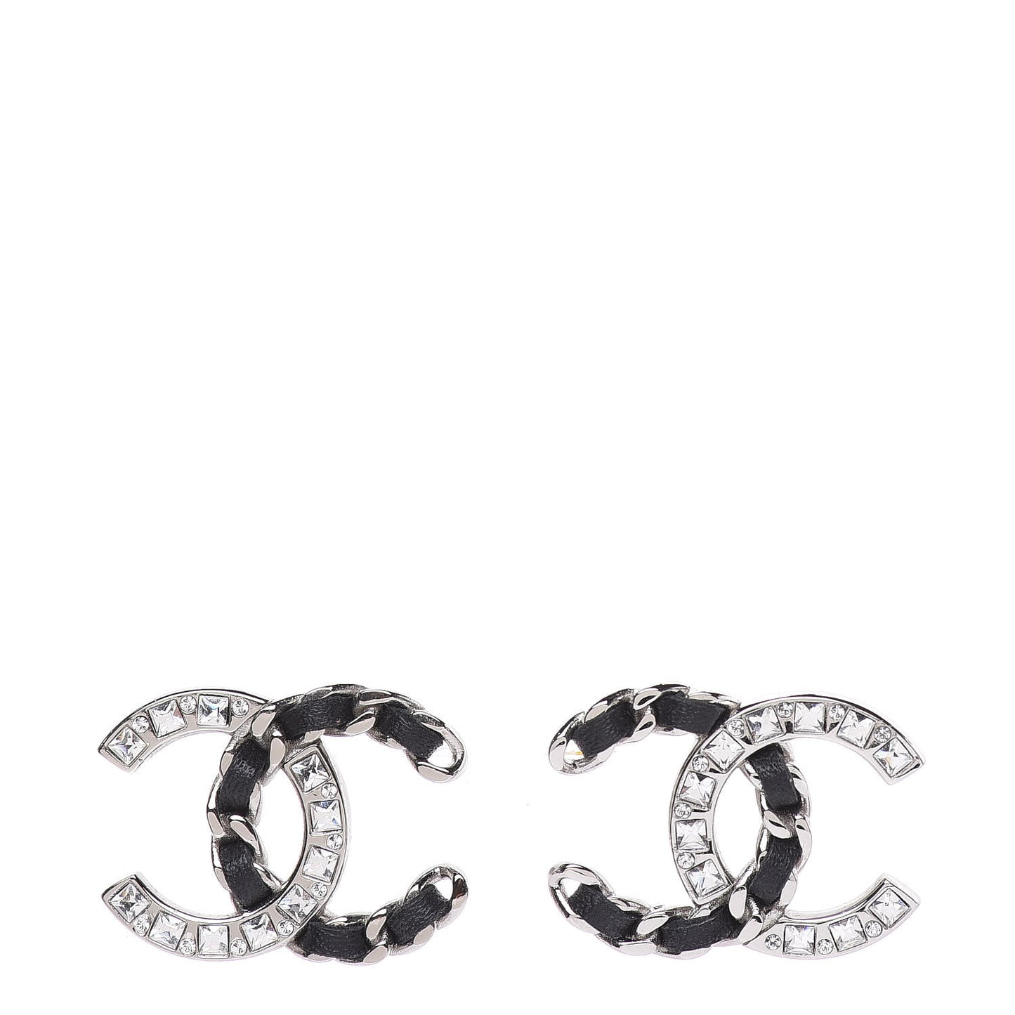 Crystal Baguette Lambskin Large CC Earrings Silver Black