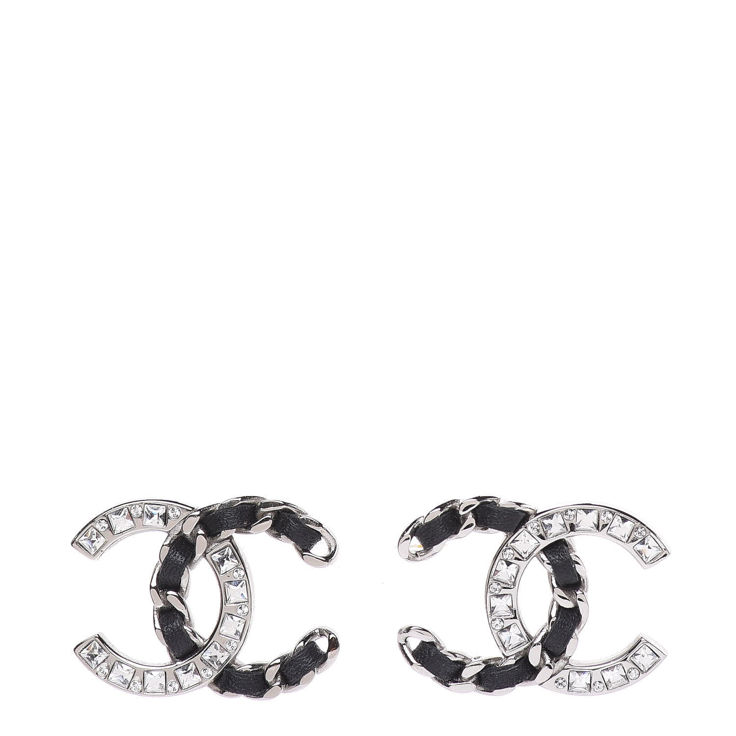 Chanel Crystal Baguette Lambskin Large CC Earrings Silver Black 1 of 6
