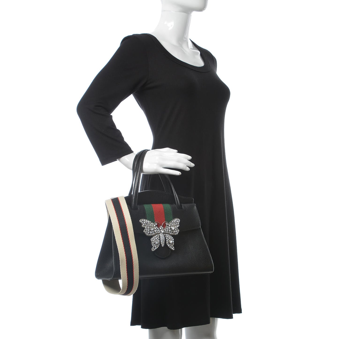 Grained Calfskin Web Crystal Butterfly Stripe Medium Totem Top Handle Bag Black