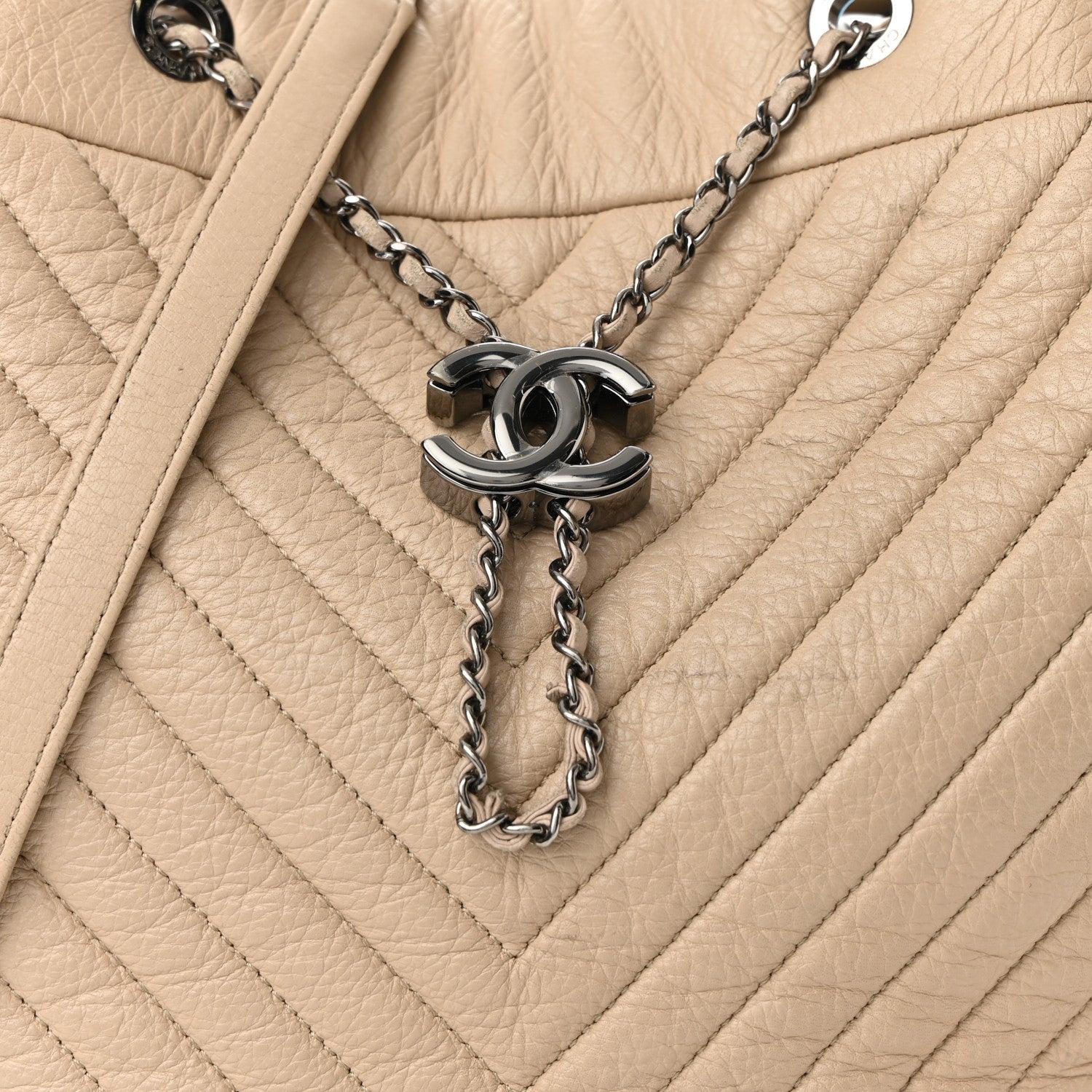 Chanel Deerskin Chevron Large CC Chain Bucket Drawstring Bag Beige 8 of 12