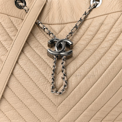 Chanel Deerskin Chevron Large CC Chain Bucket Drawstring Bag Beige 8 of 12
