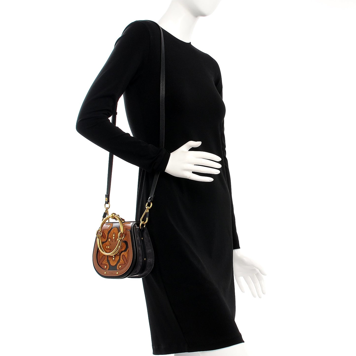 Calfskin Suede Floral Patchwork Small Nile Bracelet Bag Black