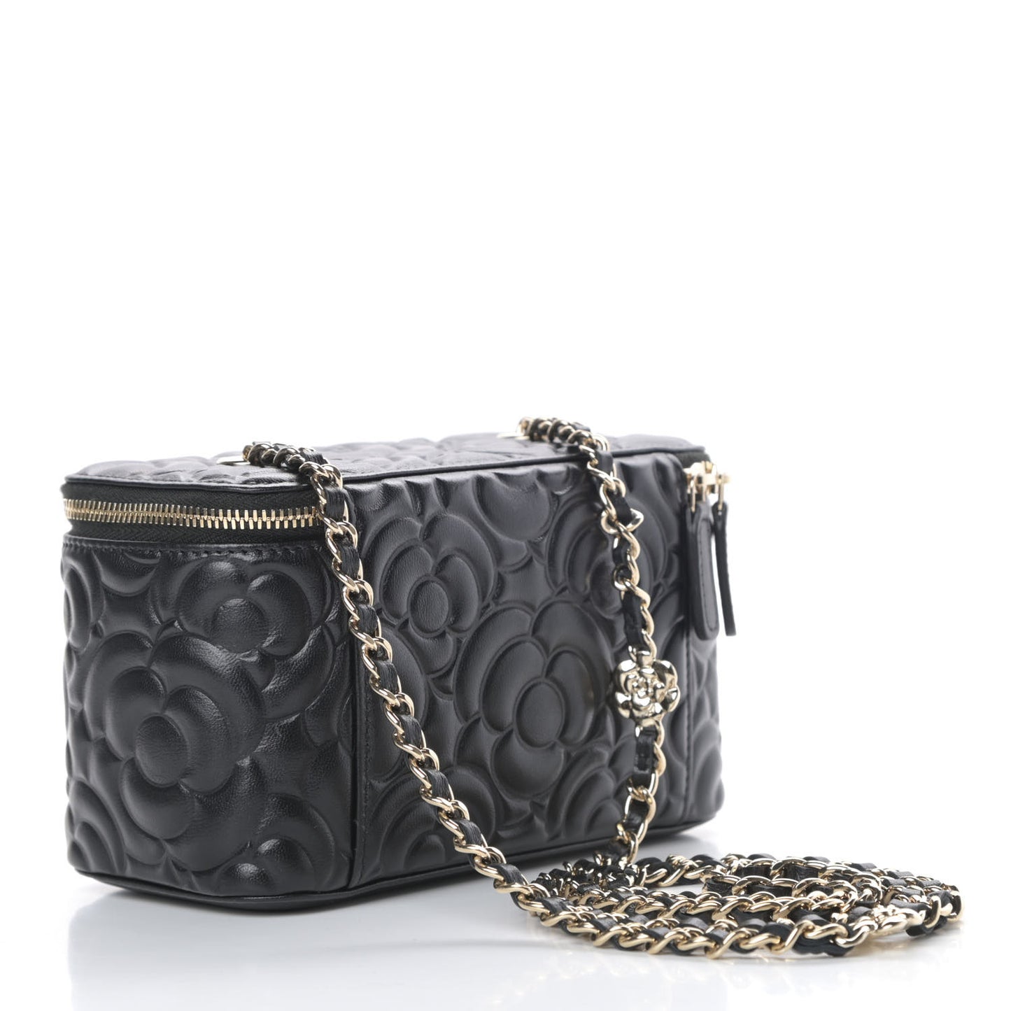 Lambskin Camellia Embossed Small Vanity Case With Chain Black