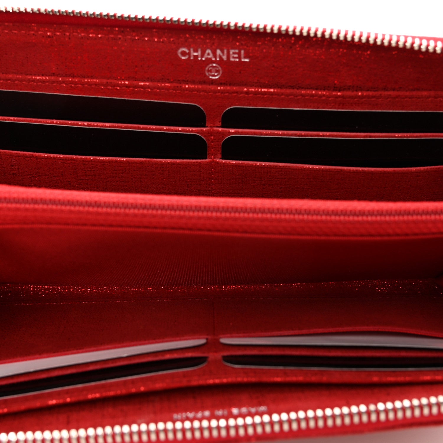 Chanel Metallic Iridescent Calfskin Quilted Large Gusset Zip Around Wallet Red 5 of 9