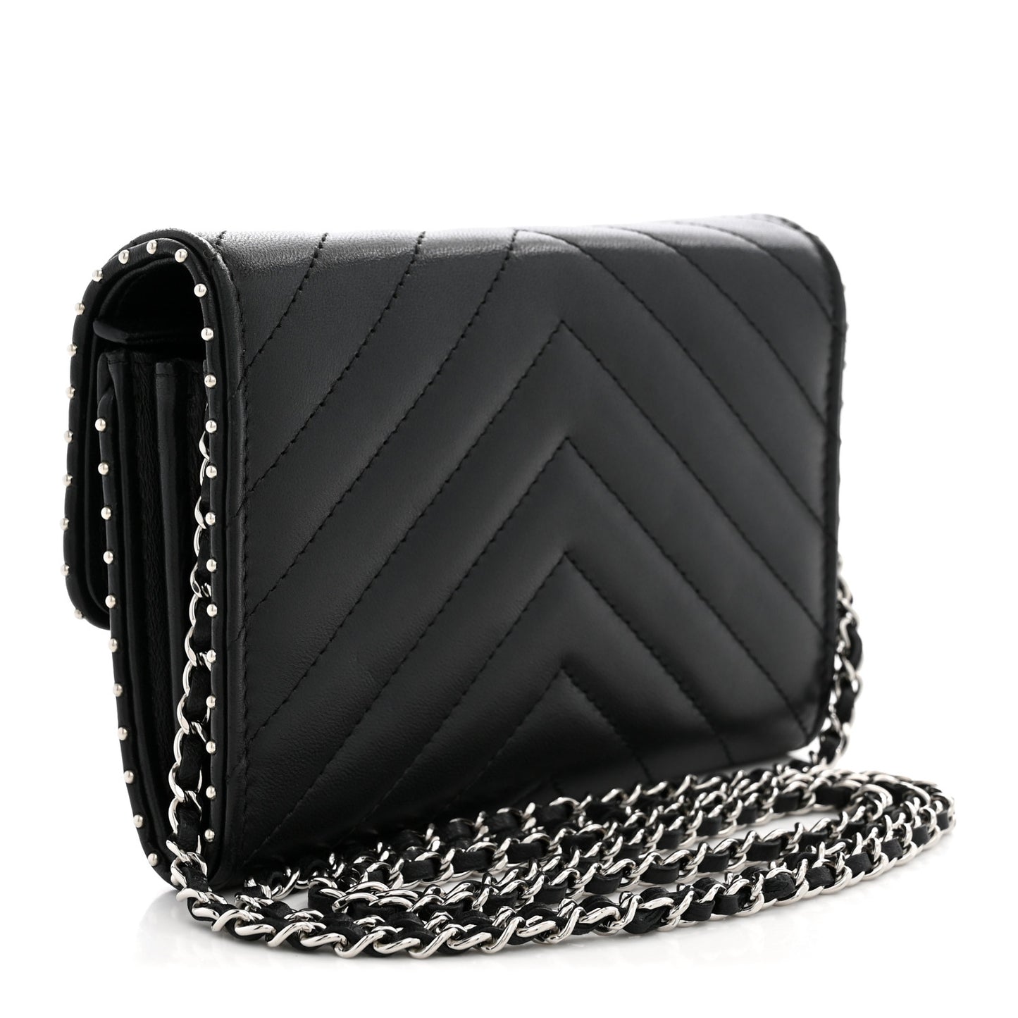 Lambskin Chevron Quilted Studded Wallet On Chain WOC Black