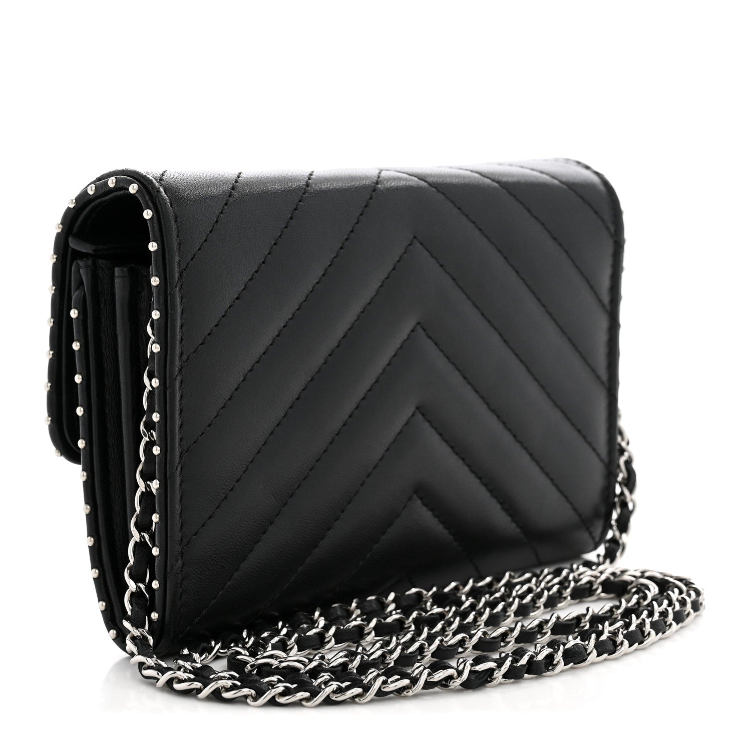 Chanel Lambskin Chevron Quilted Studded Wallet On Chain WOC Black 2 of 10