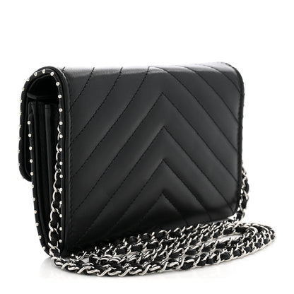 Chanel Lambskin Chevron Quilted Studded Wallet On Chain WOC Black 2 of 10