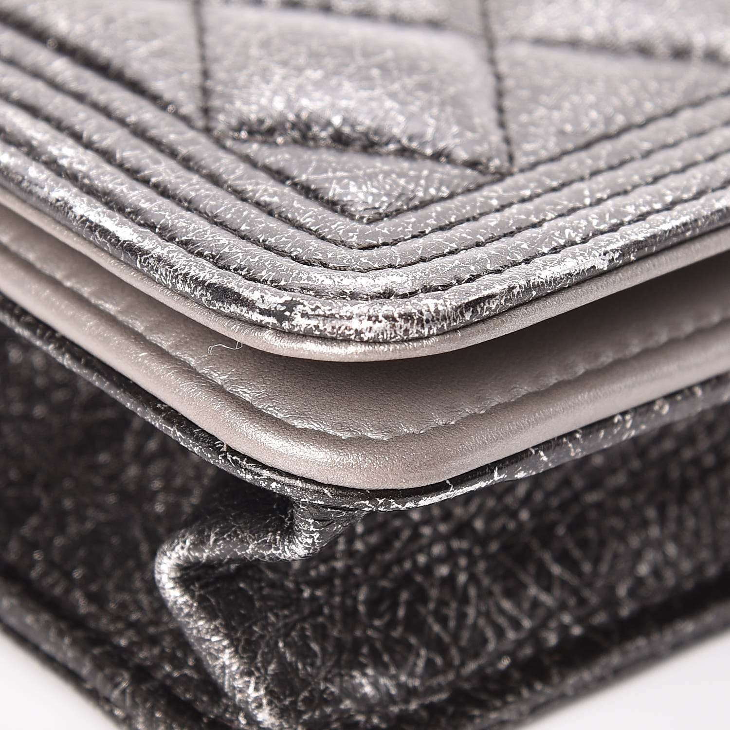 Chanel Cracked Metallic Calfskin Quilted Boy Wallet On Chain WOC Dark Silver 10 of 19